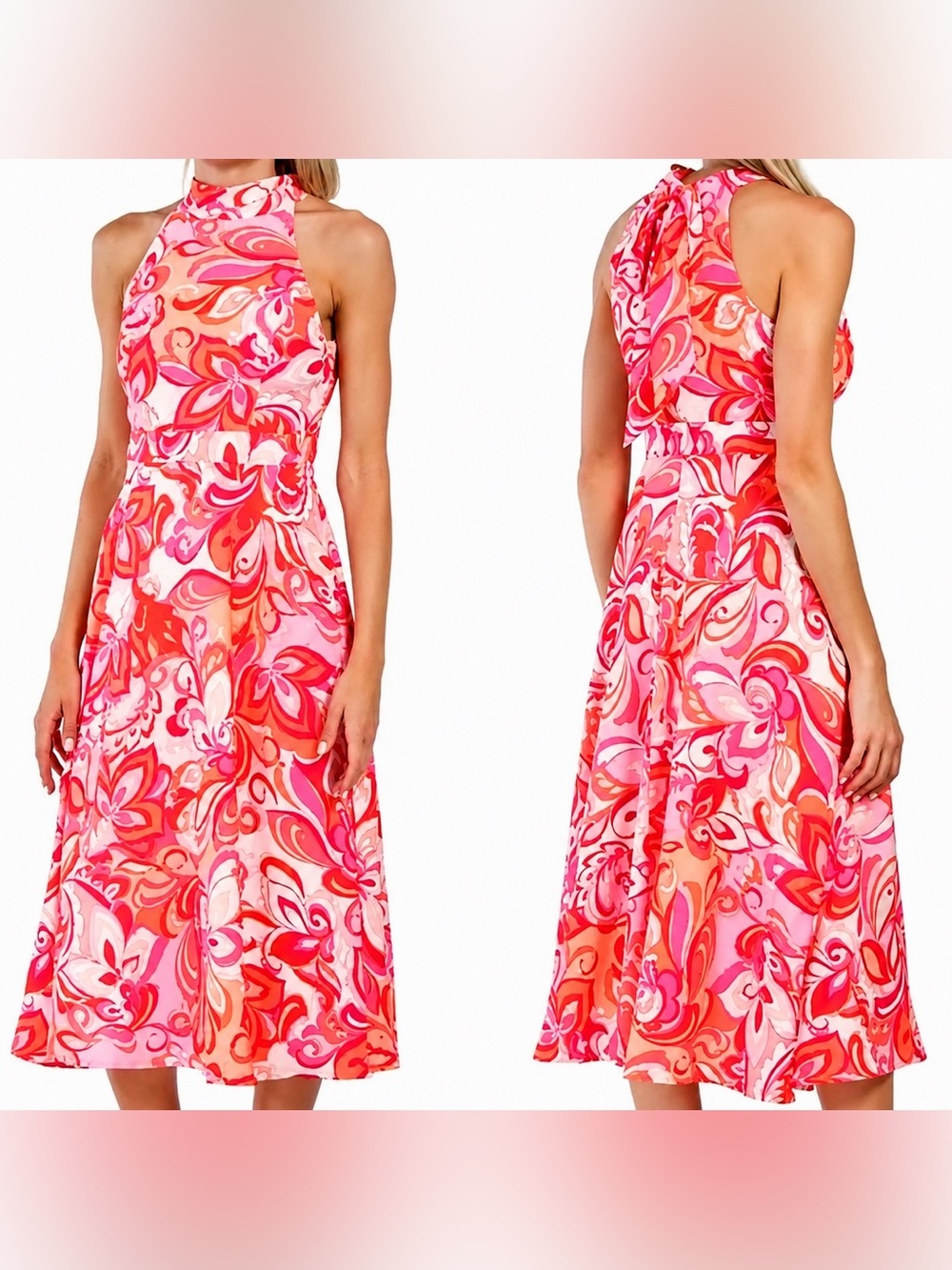 👉🏼NWT👈🏼 Tahari Halter Tie-Neck Sleeveless Midi/maxi Dress Pink & Orange Size 14